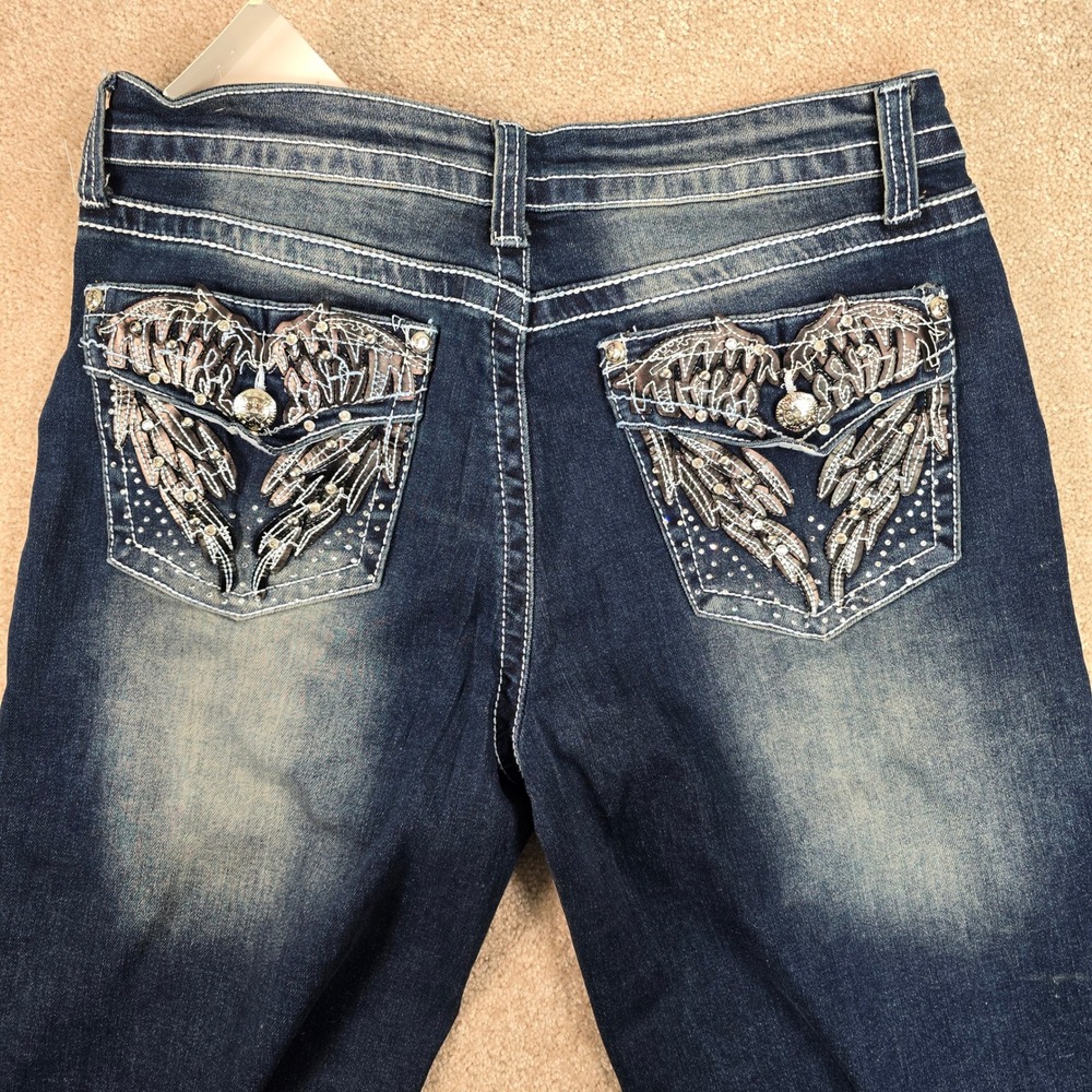 TELEPATIA Women Jeans Mid Rise Wide Leg Embellished Pockets Dark Wash Size 15/32